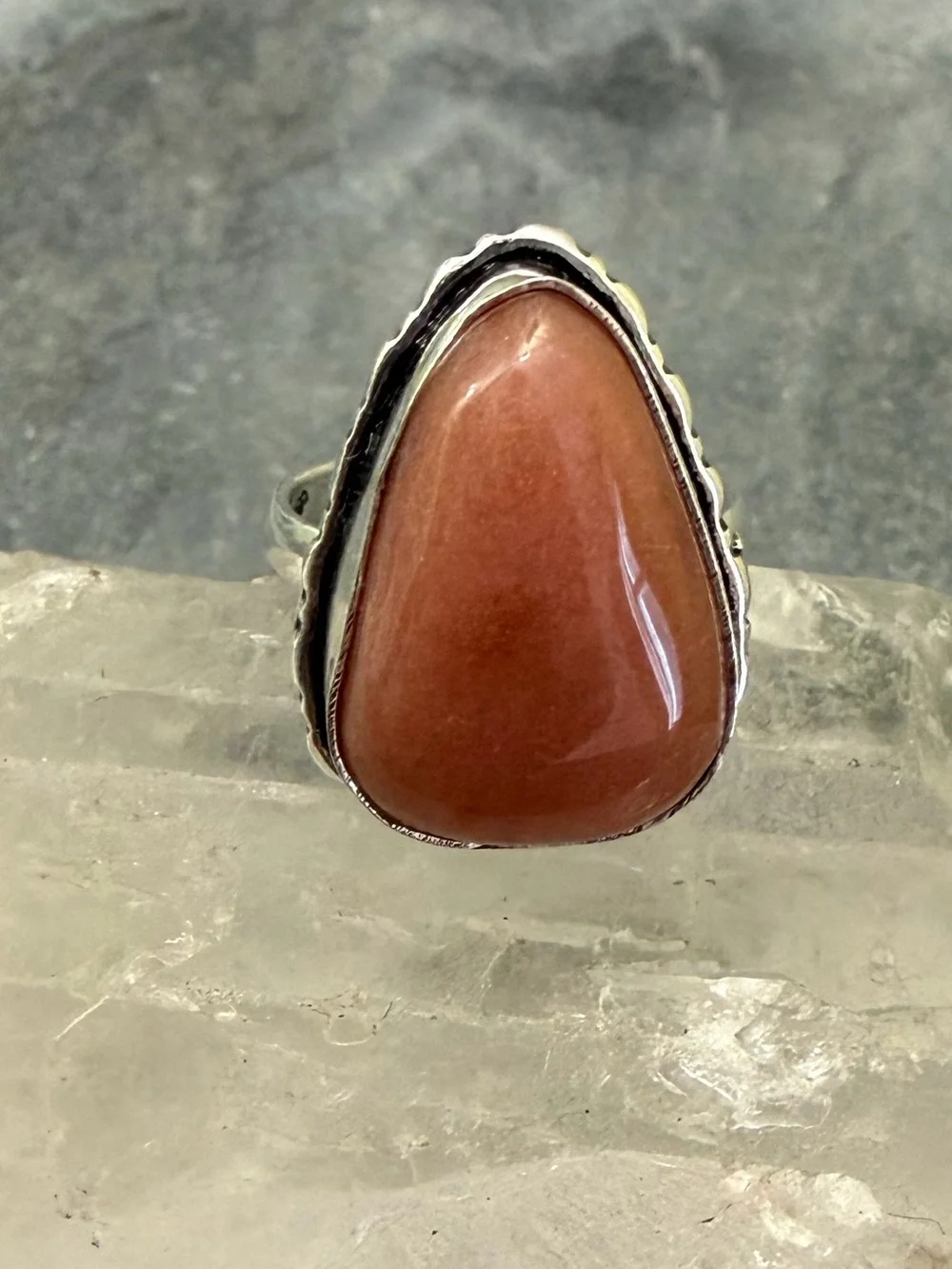 Genuine Peach Moonstone Teardrop Silver Ring
